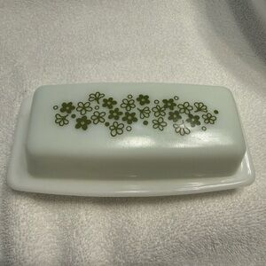 Vintage Pyrex Covered Butter Dish Spring Summer Green Flower with lid